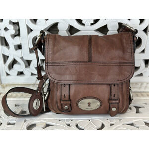 FOSSIL MADDOX Distressed Brown Leather Organizer Crossbody Messenger Bag Vintage